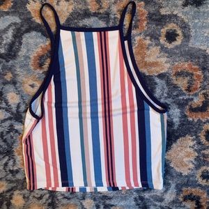 high neck striped crop tank